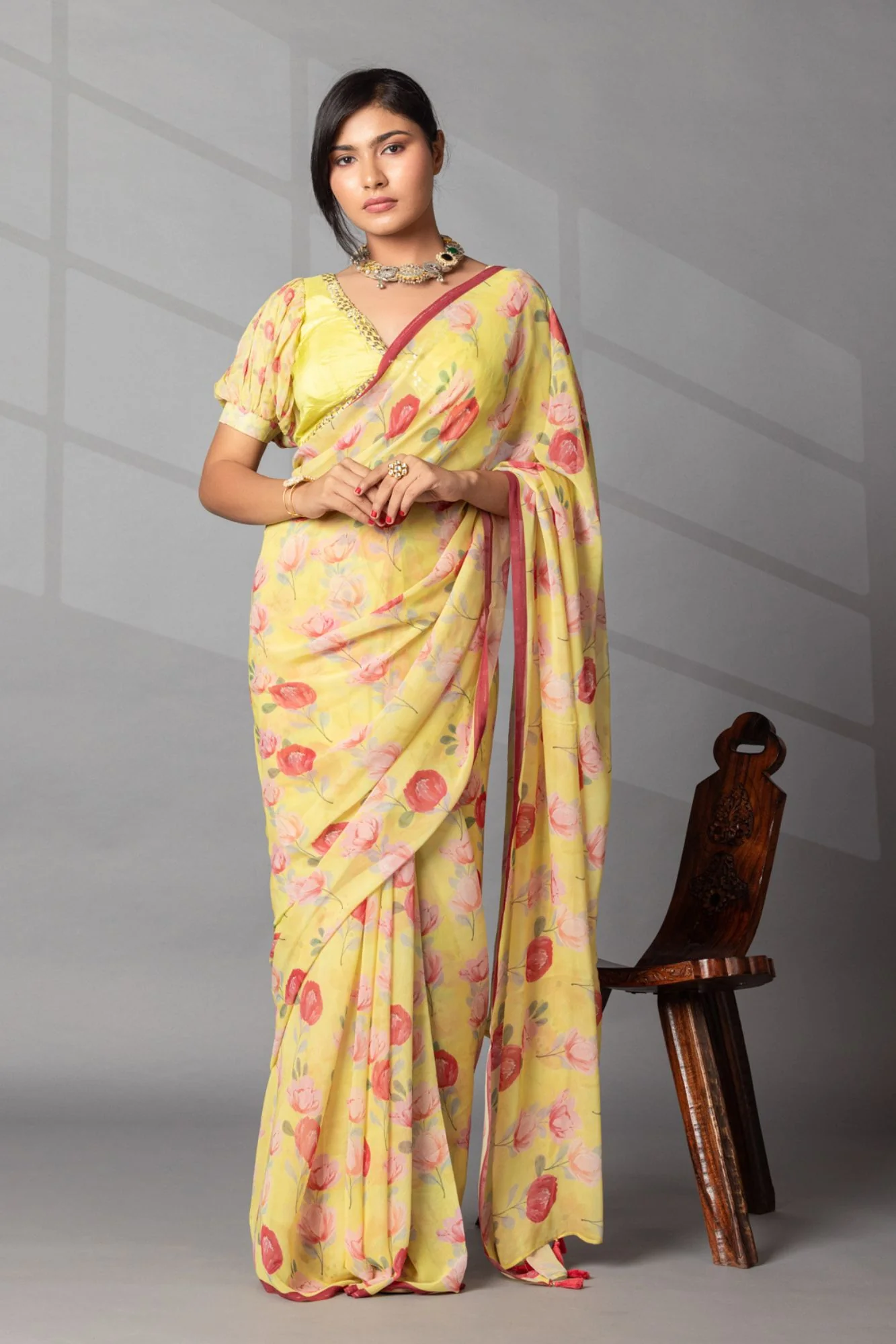 Digital Floral Print Georgette Saree Yellow